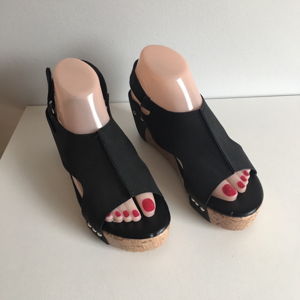 BLACK Cork Wedge Open Toe Platform Shoes SZ 8 M